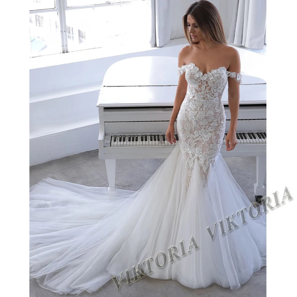 VIKTORIA Fashion Aline Wedding Dresses V-neck Custom-Made Court Train Appliques Sleeveless Robe De Mariée Engagement Plus