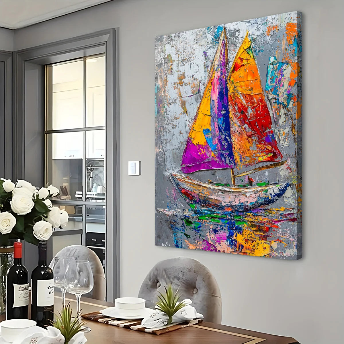 Abstract Sailboat Decor: Colorful Ocean Journey Print Canvas Wall Art 1.5inch Thick Indoor Living Room and Home Decor