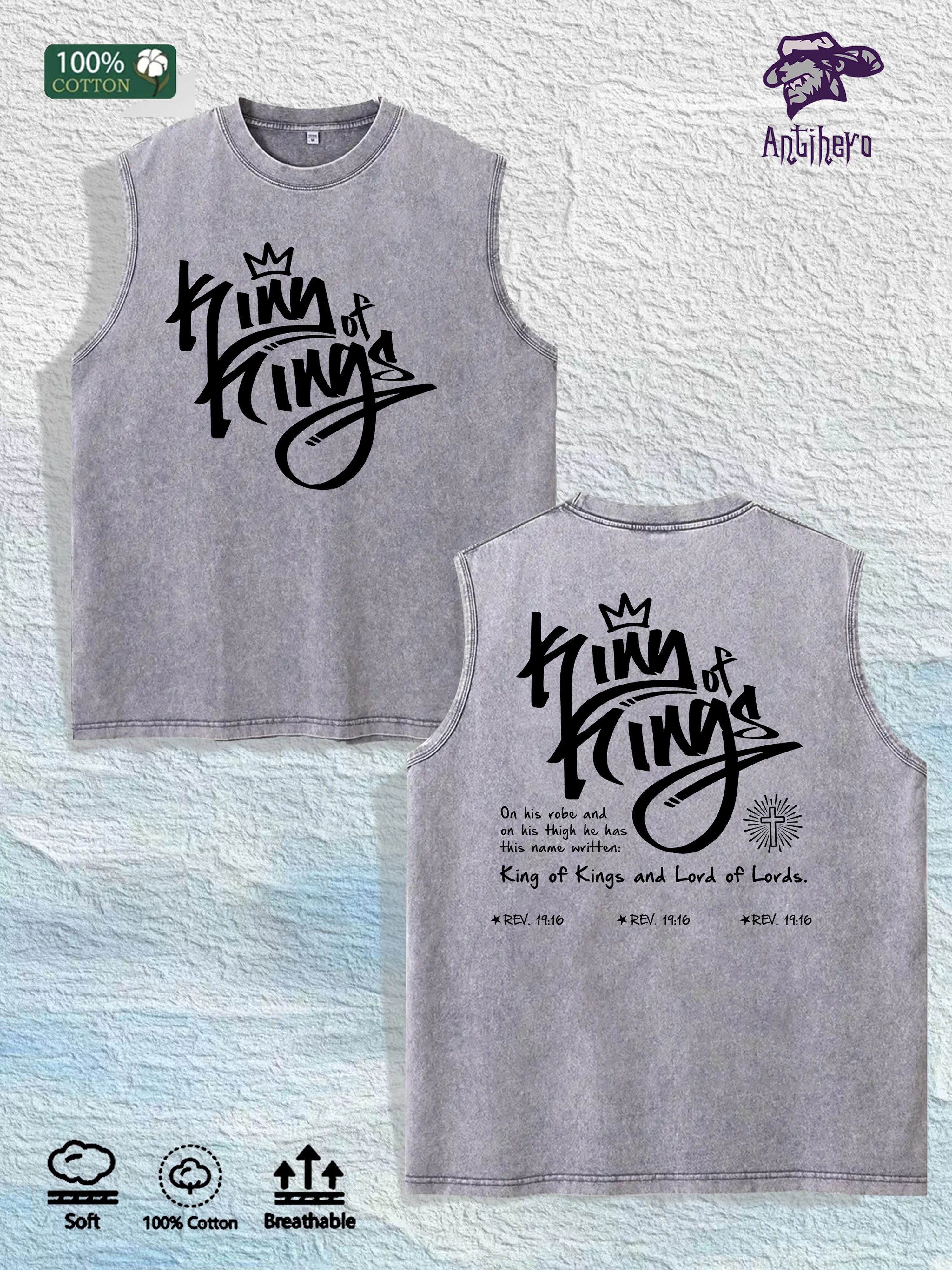 King of Kings Religious Graphic Washed Vest US Warehouse 3 Colors Cotton Tank