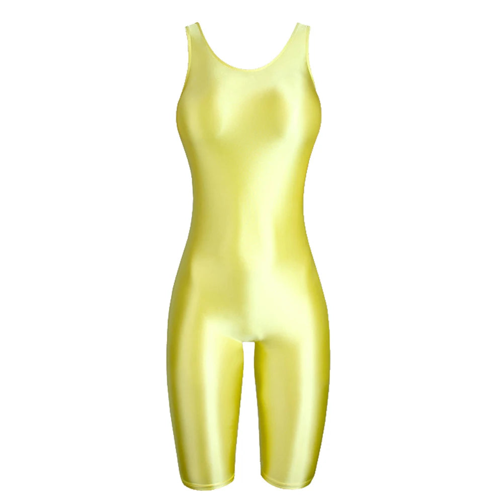 Women's Sleeveless One-Piece Swimsuit Shiny Glossy Yoga Gym Fitness Bodysuit Sexy Leotard Catsuit Jumpsuit Sport Overall MJINM