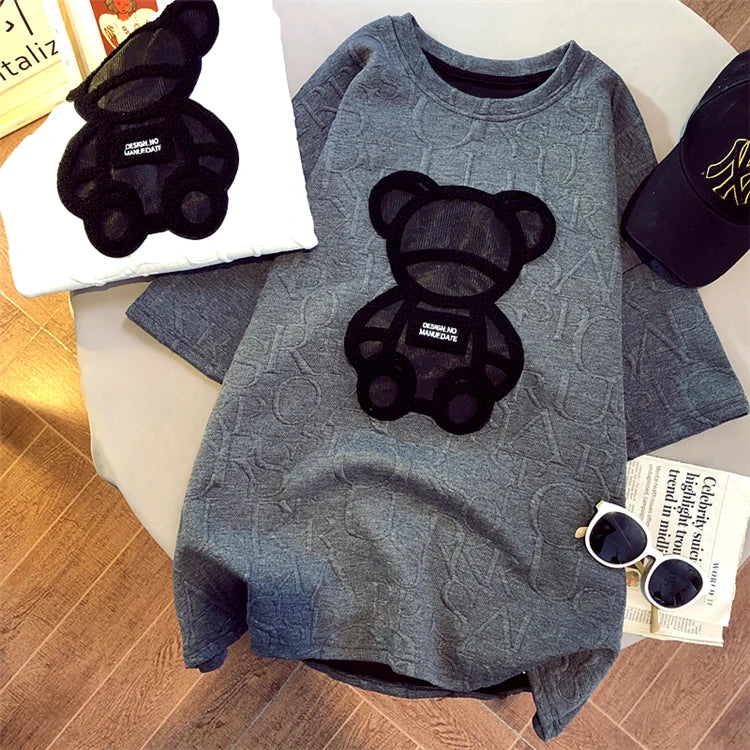 Women's T-shirts Harajuku Girls Plus Size Tops Letter Jacquard O-neck Short Sleeves Loose Summer Tshirt Bear White Tees M-5XL