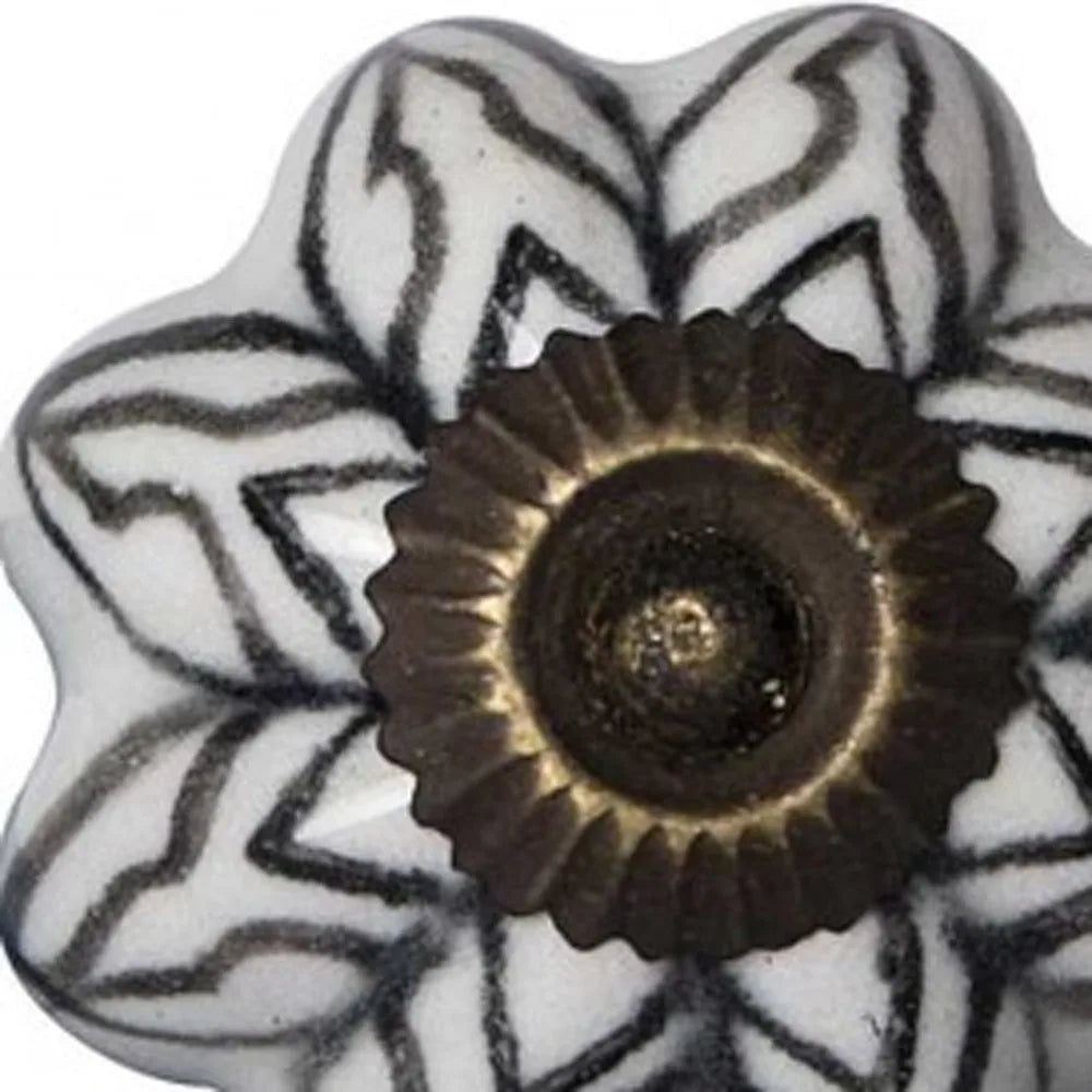 Set of Twelve Black and White Floral Ceramic Drawer Pull Knobs HMS Furniture Handles & Knobs