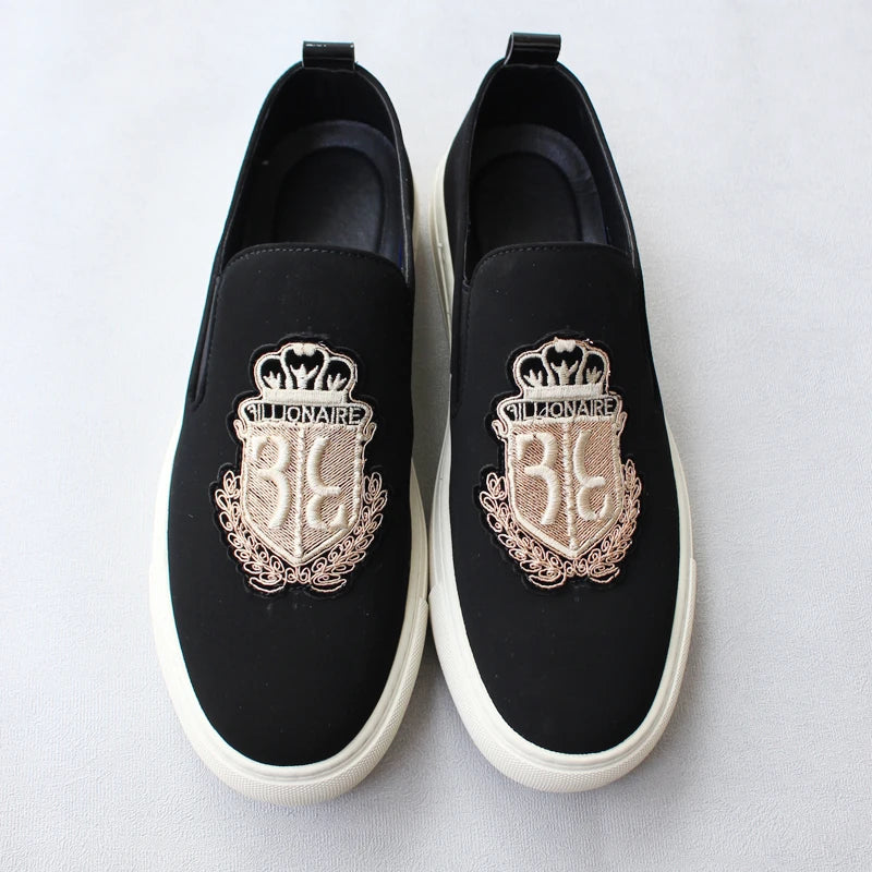 Brand New Men Casual Shoes Black Suede Leather Man Party Luxury Embroidery Flat Shoes Tide Slip-On Loafers