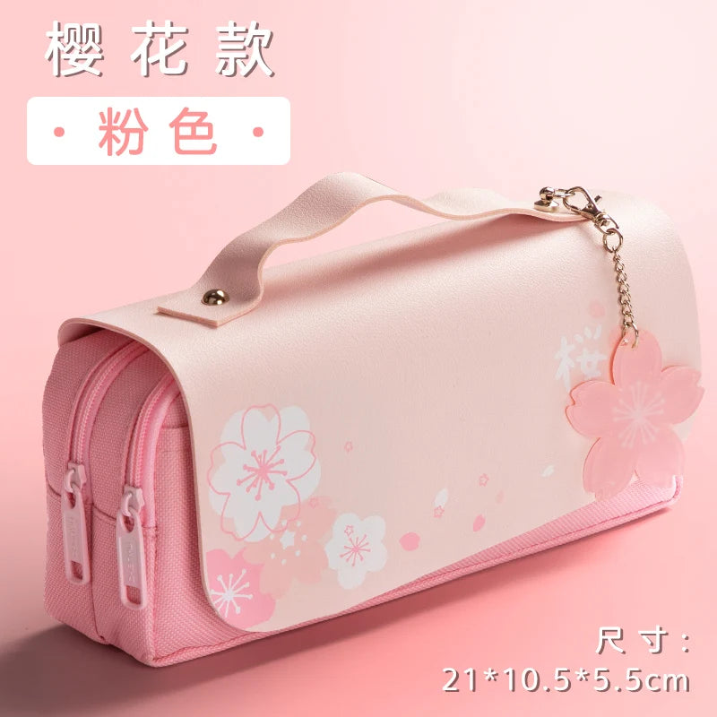 Sakura Pencil Bag PU Leather Pen Case Candy Color Japan Stationery Box Green Pink Organizer School Supplies Gift Ruler Pouch Hol