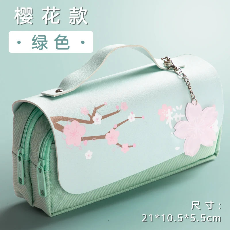 Sakura Pencil Bag PU Leather Pen Case Candy Color Japan Stationery Box Green Pink Organizer School Supplies Gift Ruler Pouch Hol