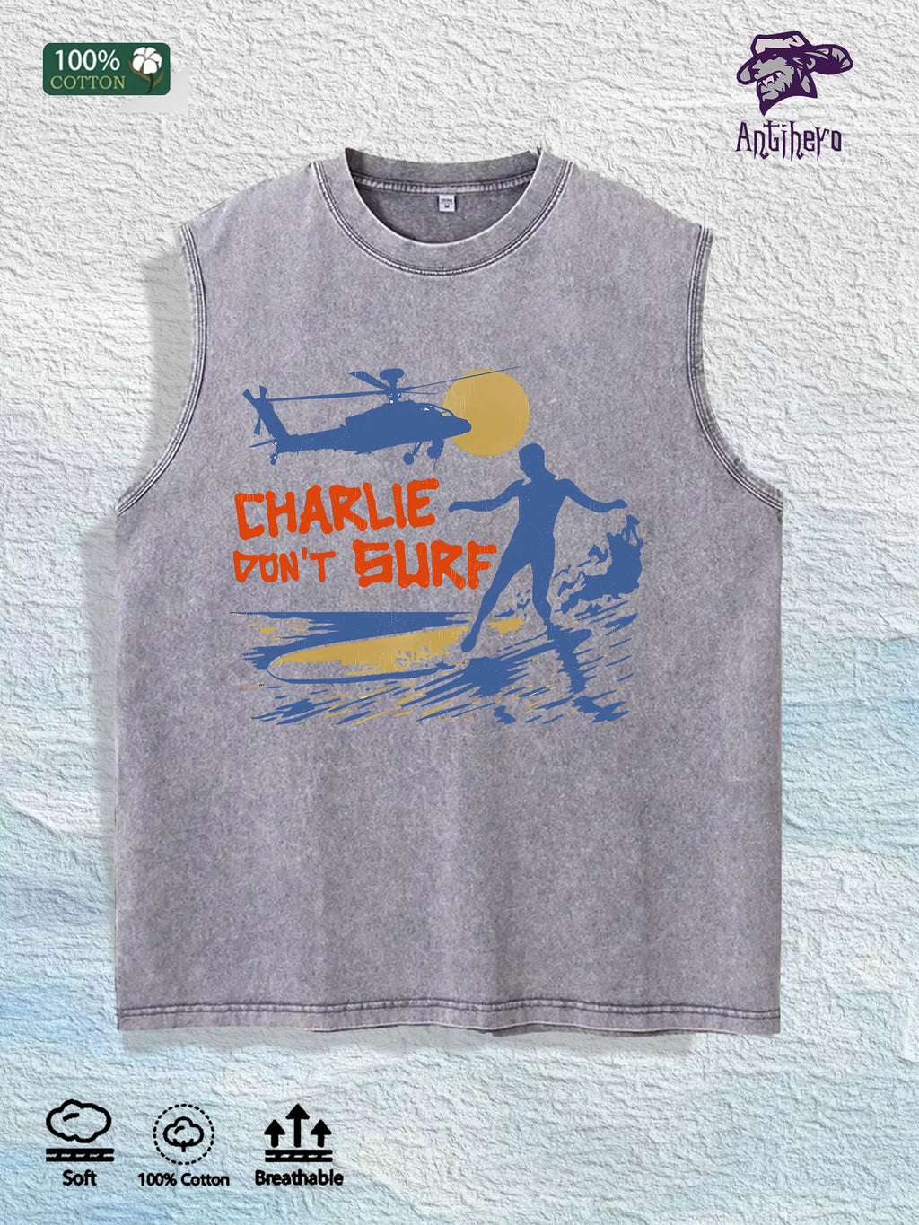 Charlie Don't Surf Graphic Washed Vest US Warehouse 3 Colors Cotton Tank