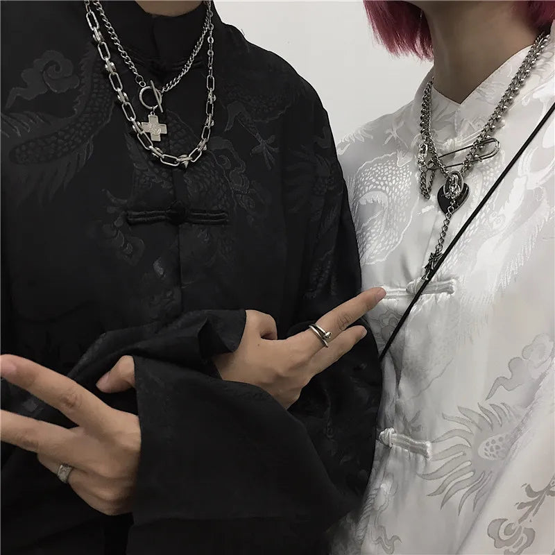 KOSAHIKI Women Man Blouse Dragon Print Harajuku Streetwear Chinese Style Stand Collar Buckle Vintage Black White Shirt Blusas