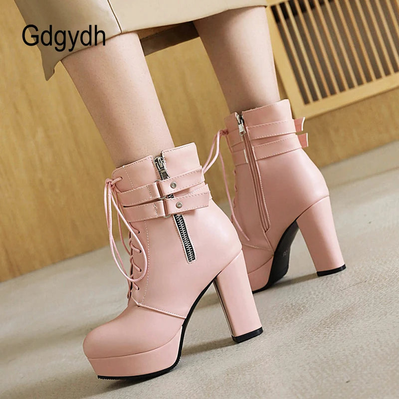 Gdgydh Black Boots Woman Vintage Buckle Casual Lady Boots High Heels Fashion Zipper Sexy Motorcycle Boots For Women Plus Size 46