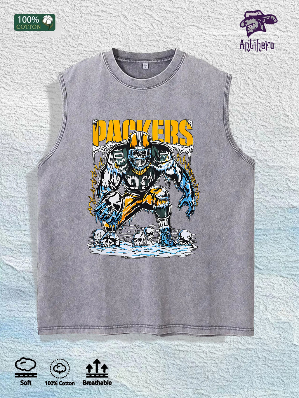 PACKERS Football Graphic Washed Vest US Warehouse 3 Colors Cotton Tank