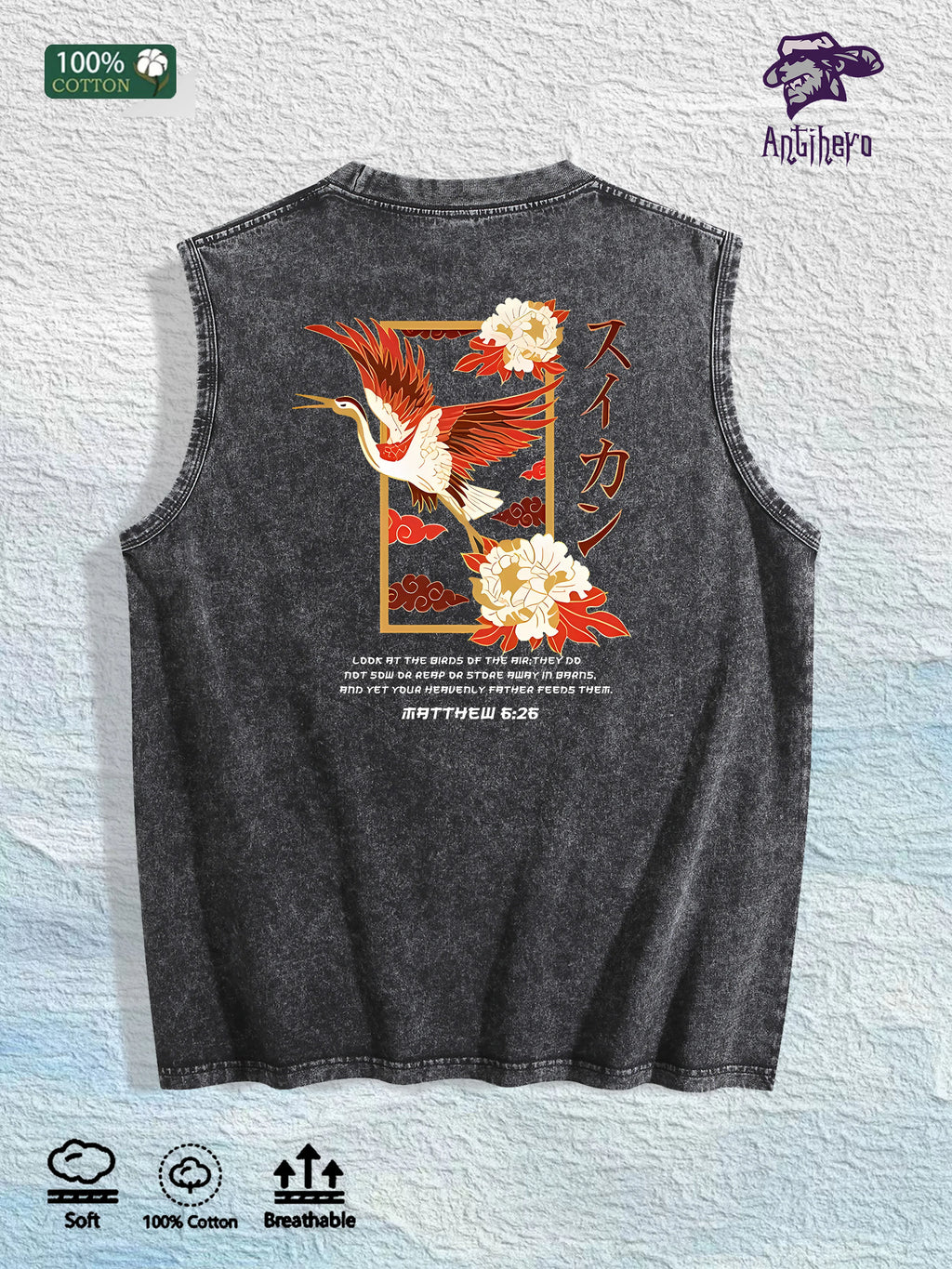Oriental Peony & Crane Graphic Washed Vest US Warehouse 3 Colors Cotton Tank