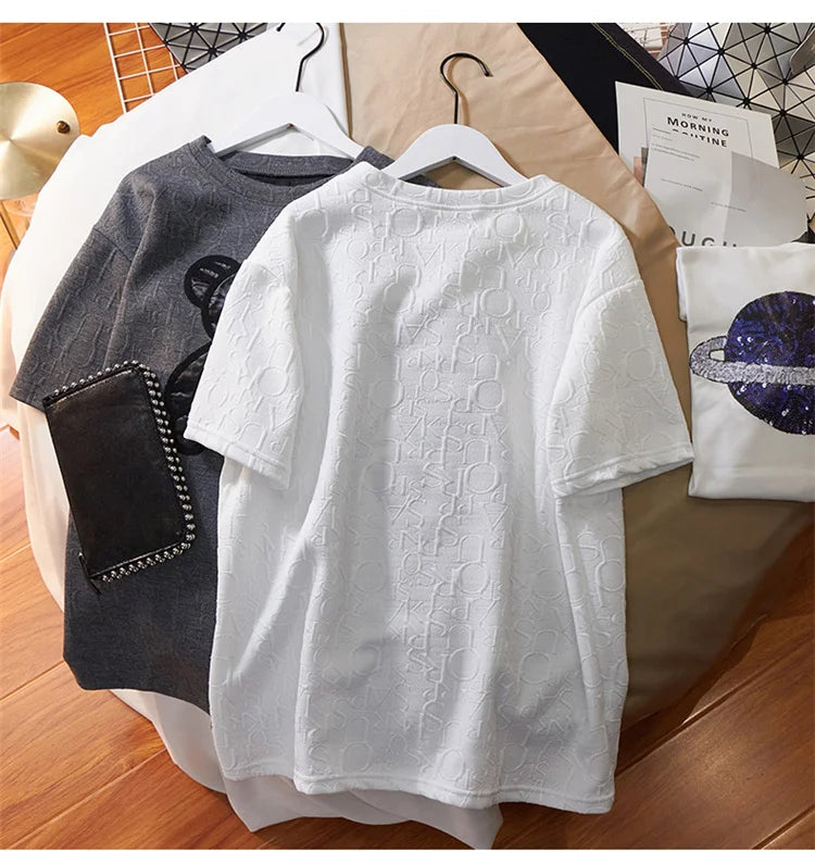 Women's T-shirts Harajuku Girls Plus Size Tops Letter Jacquard O-neck Short Sleeves Loose Summer Tshirt Bear White Tees M-5XL