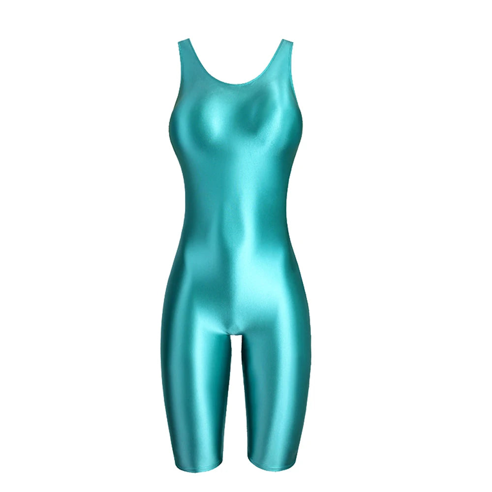 Women's Sleeveless One-Piece Swimsuit Shiny Glossy Yoga Gym Fitness Bodysuit Sexy Leotard Catsuit Jumpsuit Sport Overall MJINM