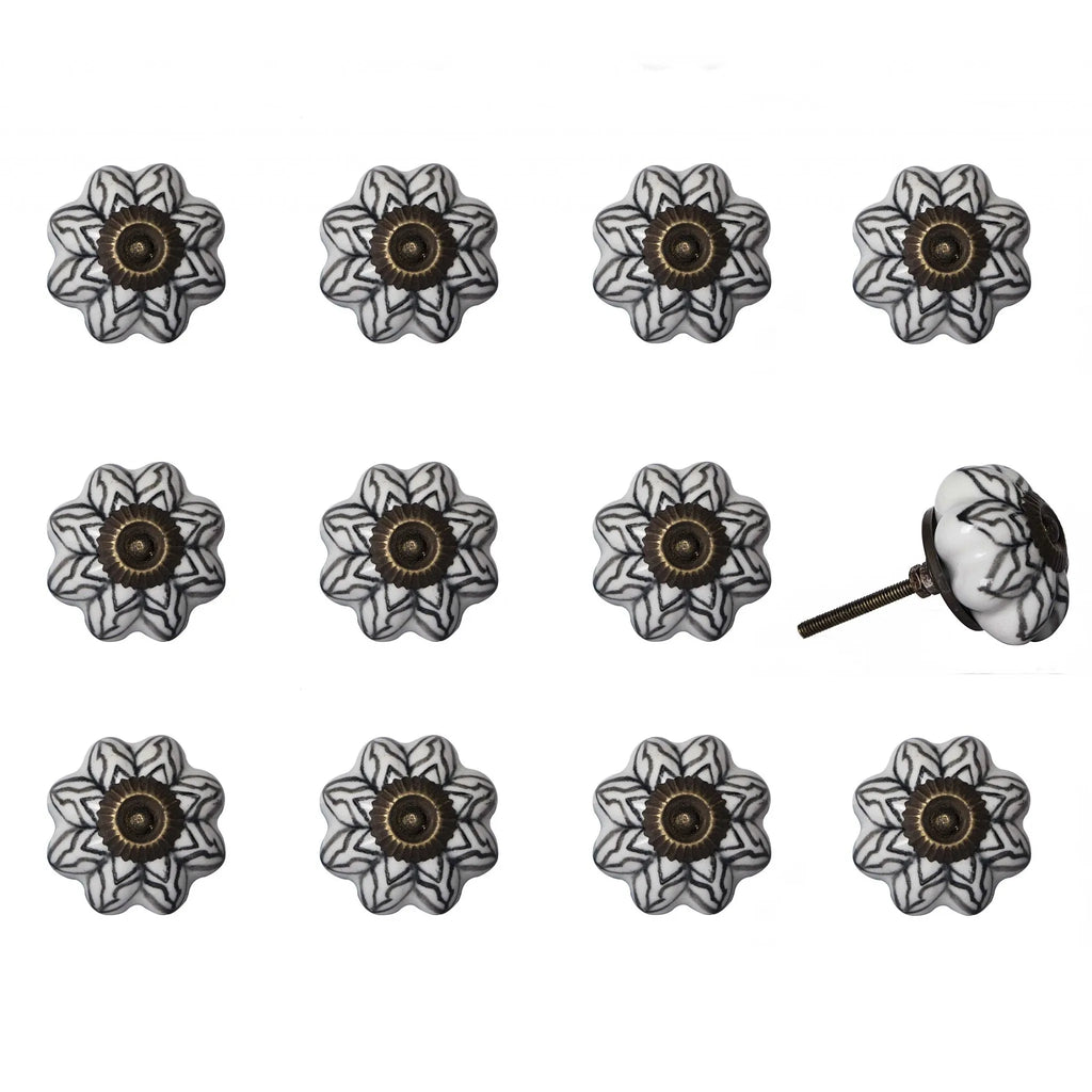 Set of Twelve Black and White Floral Ceramic Drawer Pull Knobs HMS Furniture Handles & Knobs