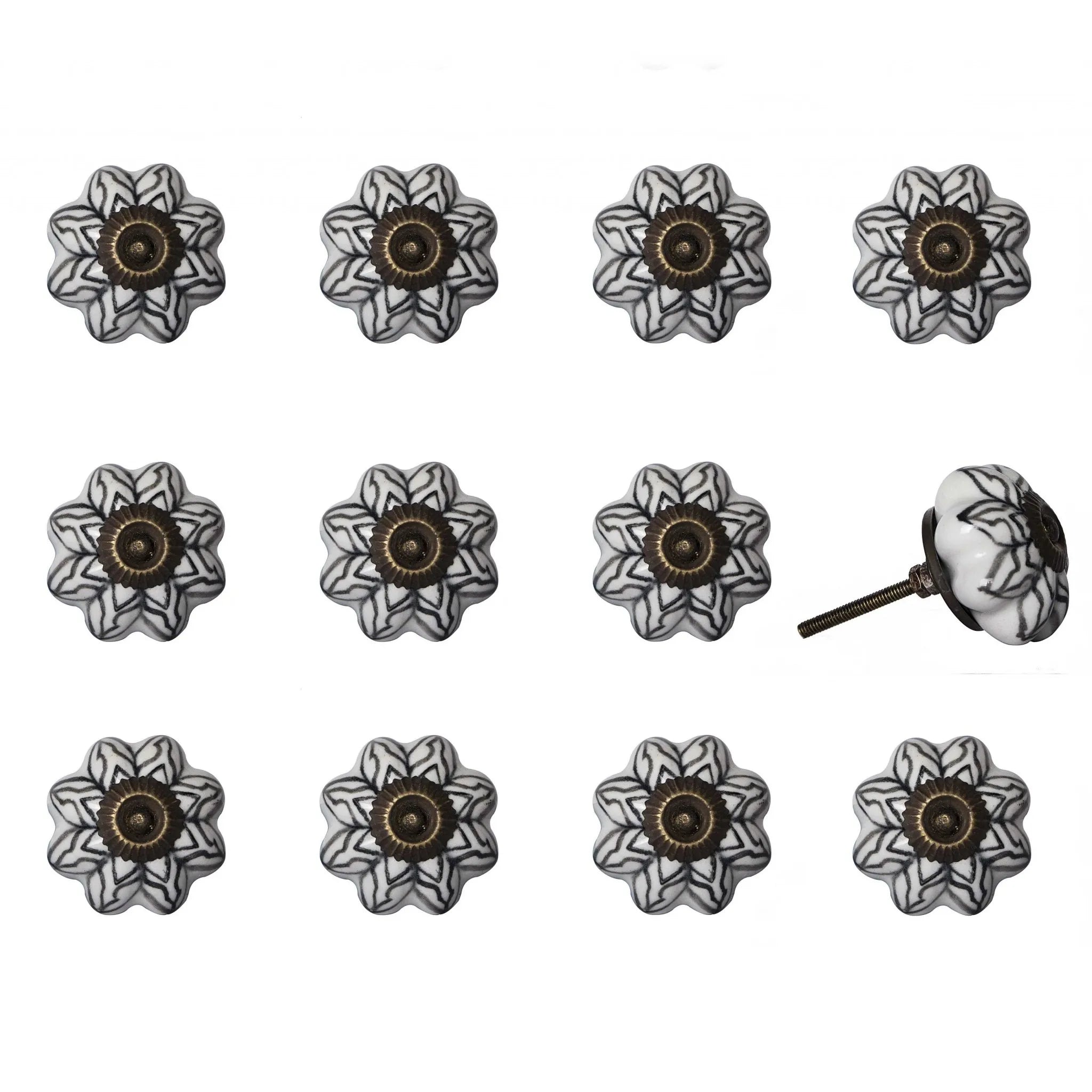 Set of Twelve Black and White Floral Ceramic Drawer Pull Knobs HMS Furniture Handles & Knobs
