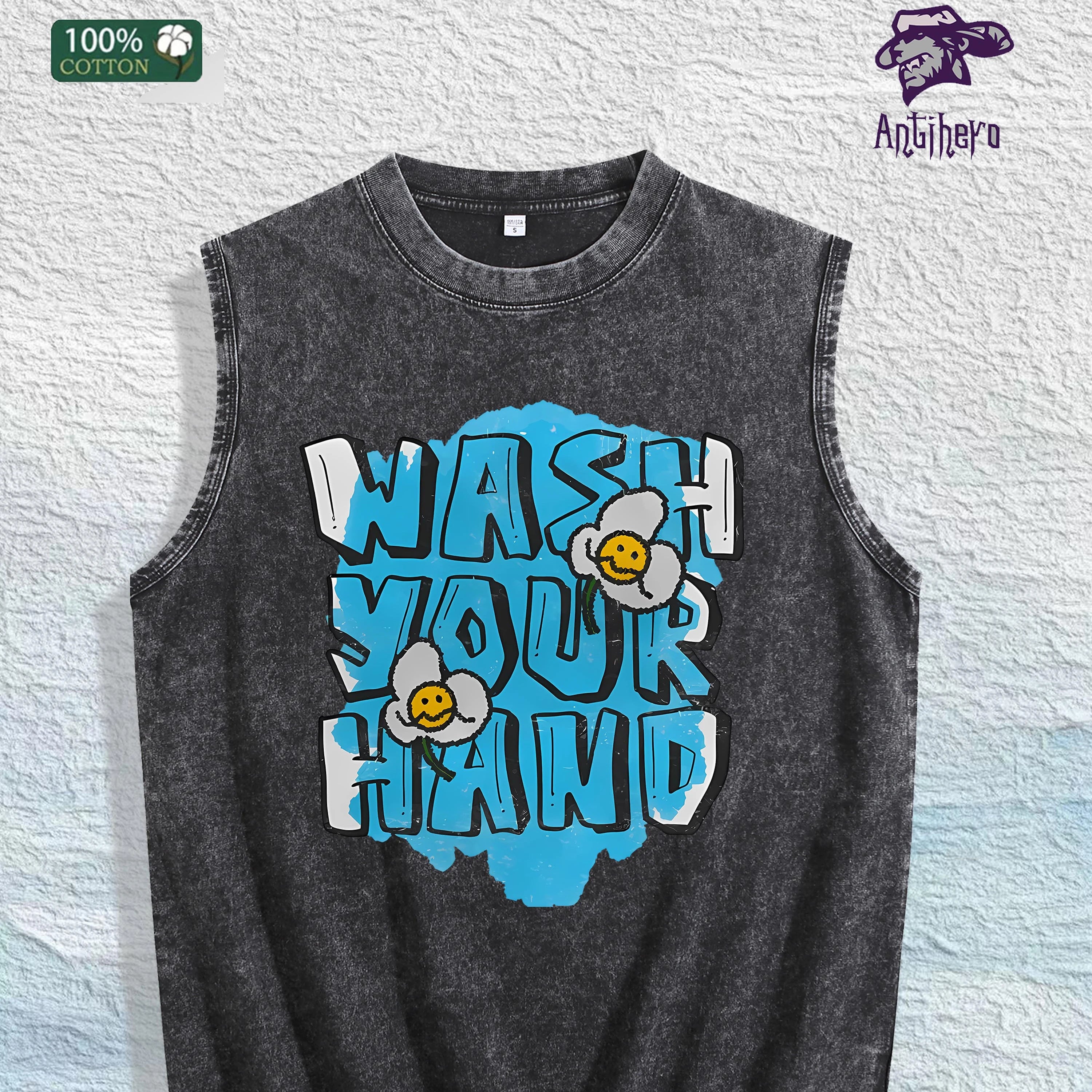 WASH YOUR HAND Graphic Washed Vest US Warehouse 3 Colors Cotton Tank