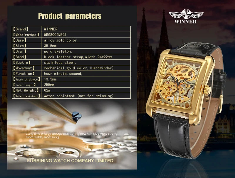 T-WINNER Watch Rectangular mechanical Watch Men's Watch Gold Belt Wrist Watch Hollow hand Mechanical watch