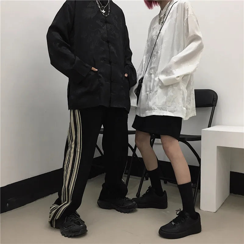 KOSAHIKI Women Man Blouse Dragon Print Harajuku Streetwear Chinese Style Stand Collar Buckle Vintage Black White Shirt Blusas