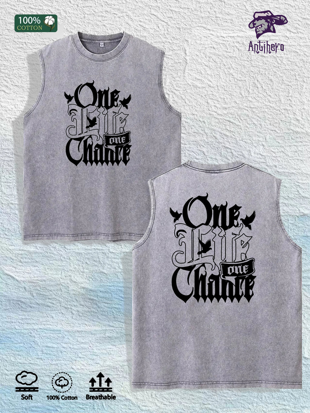 One Life One Chance Graphic Washed Vest US Warehouse 3 Colors Cotton Tank