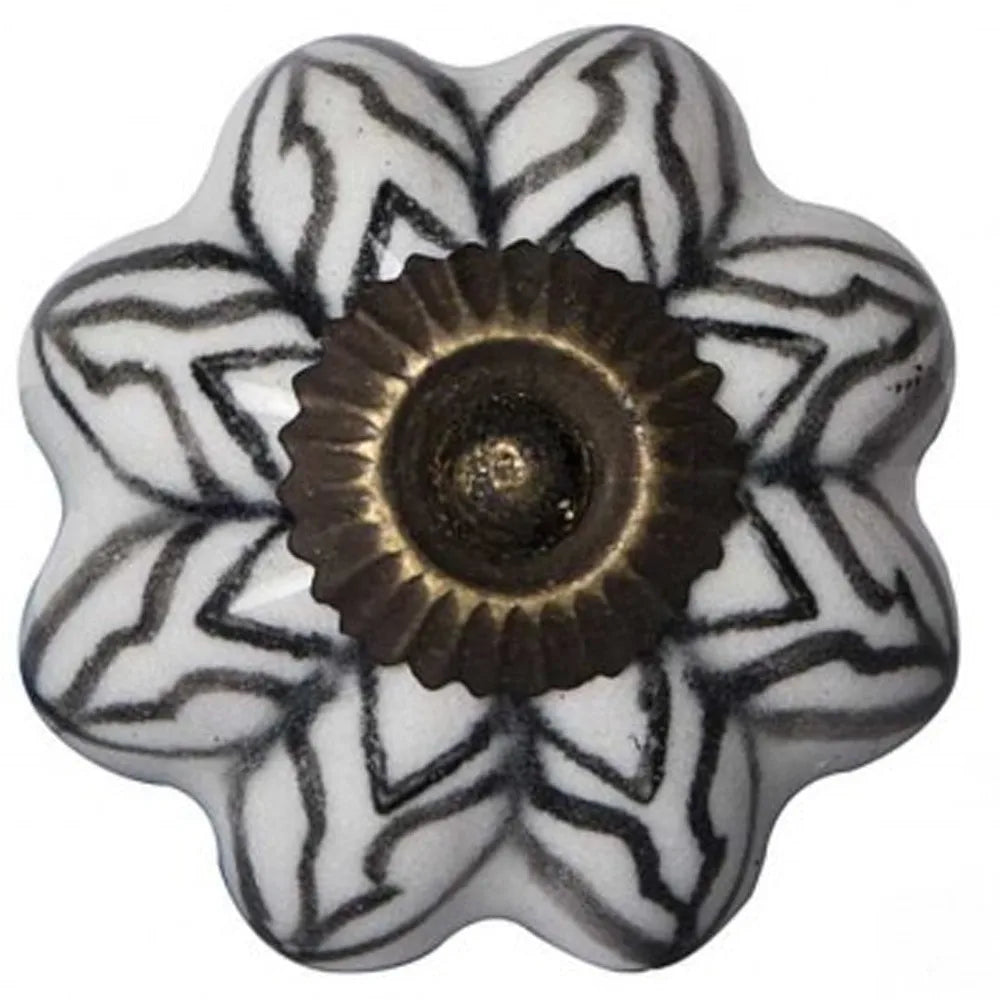 Set of Twelve Black and White Floral Ceramic Drawer Pull Knobs HMS Furniture Handles & Knobs