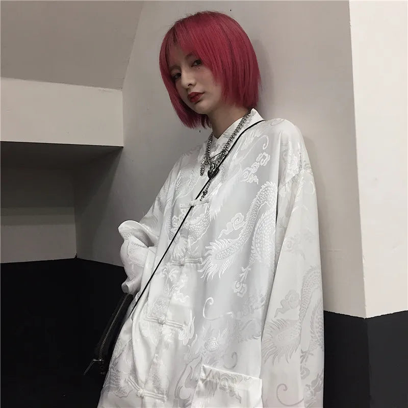 KOSAHIKI Women Man Blouse Dragon Print Harajuku Streetwear Chinese Style Stand Collar Buckle Vintage Black White Shirt Blusas