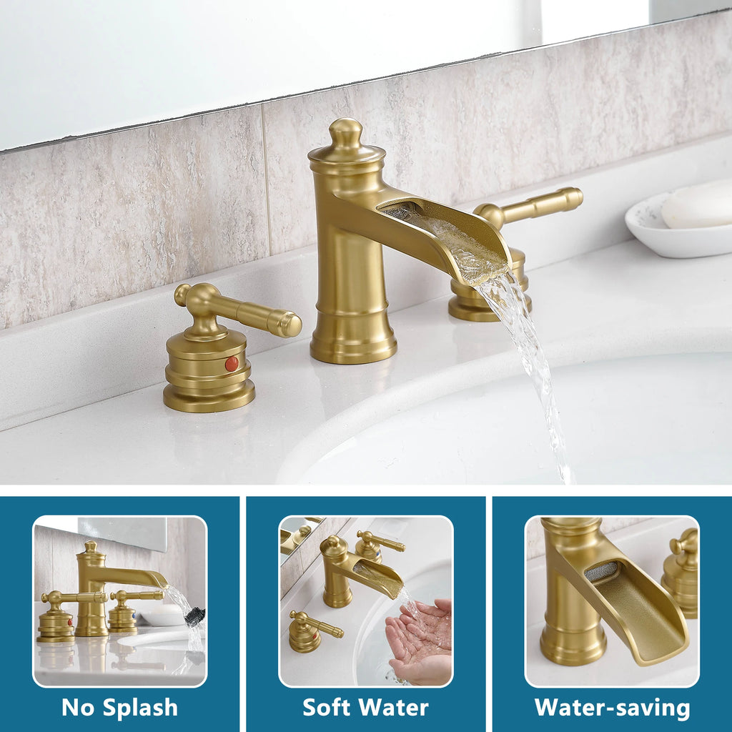 Modern  Brushed Gold Two Handle Basin Deck Mounted Faucet Brass Widespread for Living Room Bathroom Ceramic Valve USA Stock