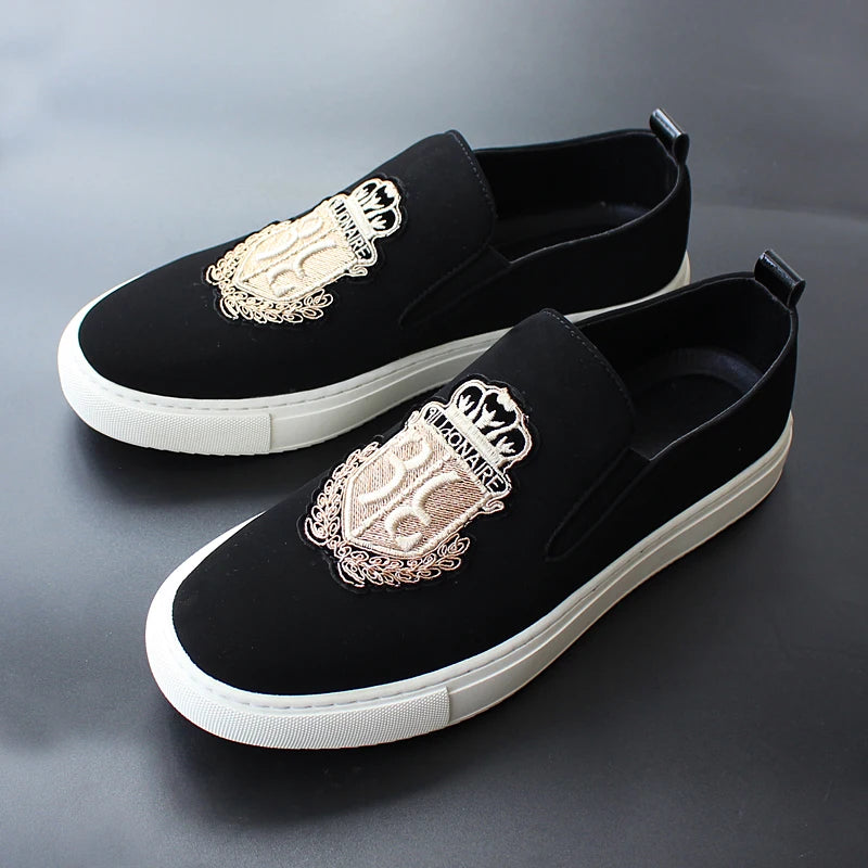 Brand New Men Casual Shoes Black Suede Leather Man Party Luxury Embroidery Flat Shoes Tide Slip-On Loafers