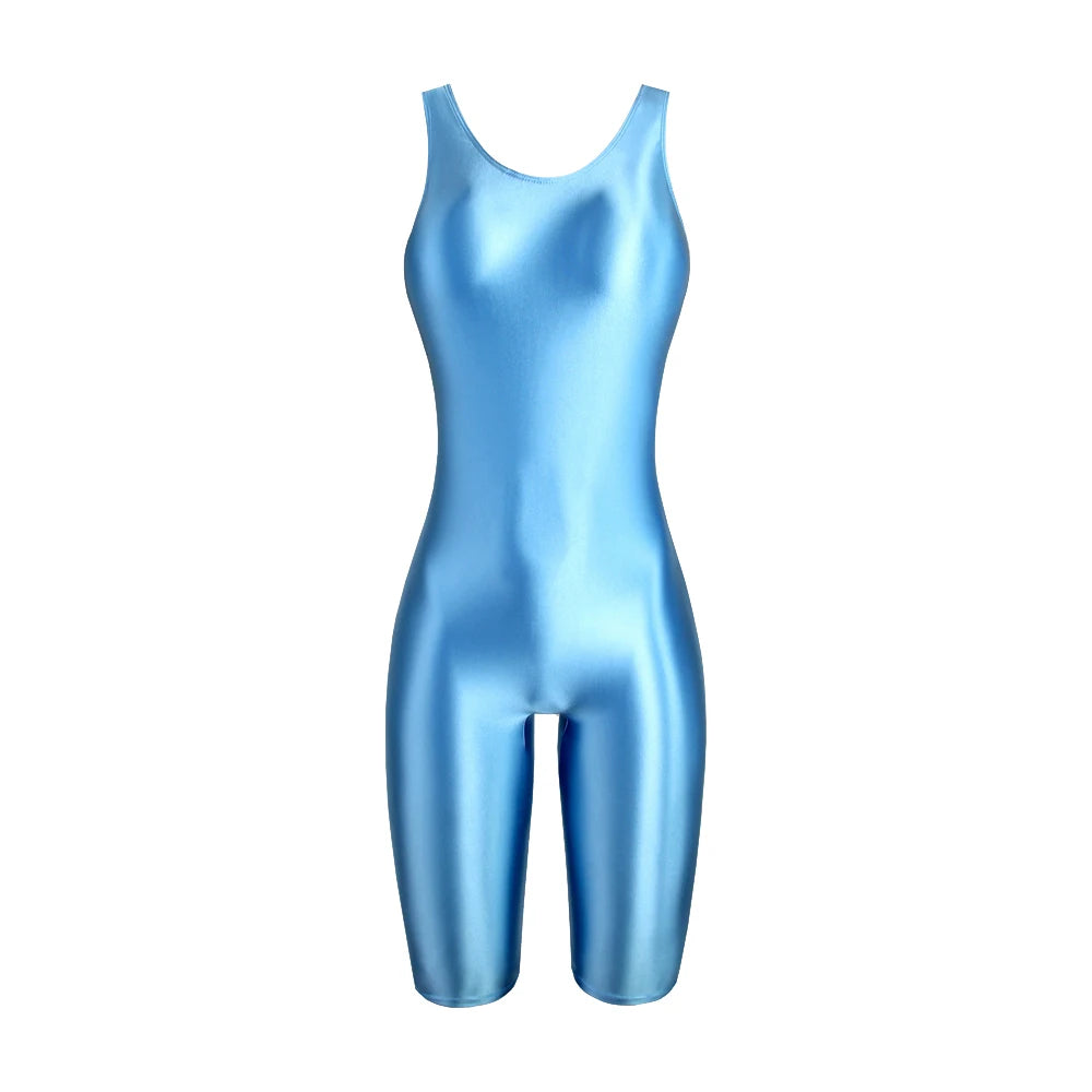 Women's Sleeveless One-Piece Swimsuit Shiny Glossy Yoga Gym Fitness Bodysuit Sexy Leotard Catsuit Jumpsuit Sport Overall MJINM