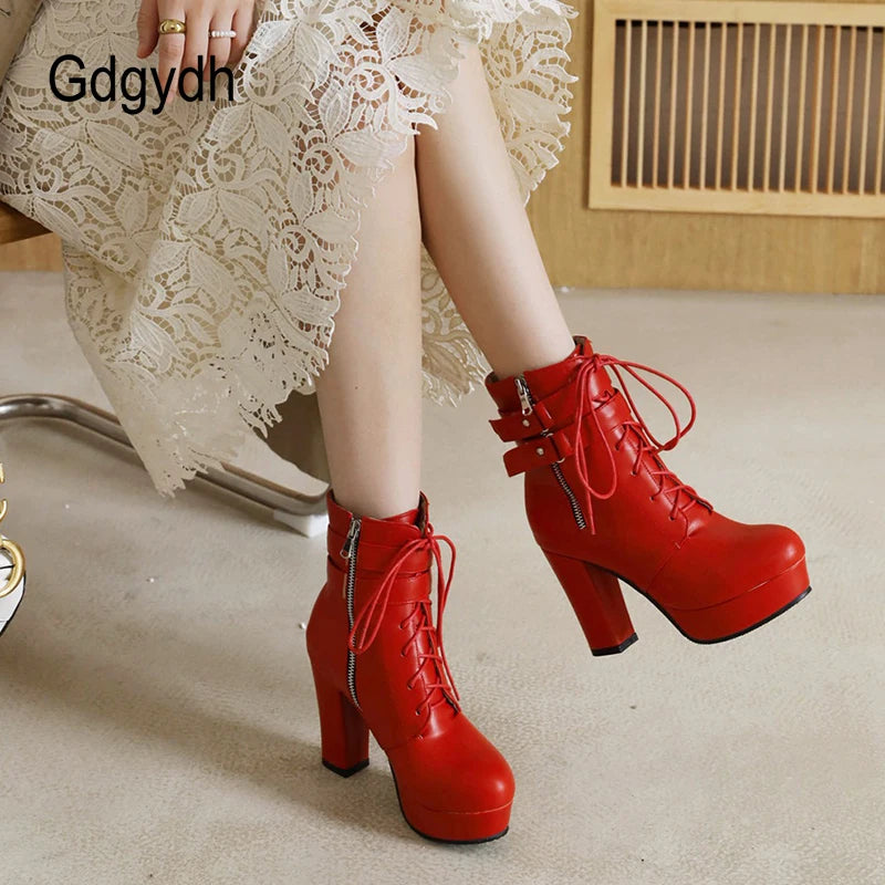 Gdgydh Black Boots Woman Vintage Buckle Casual Lady Boots High Heels Fashion Zipper Sexy Motorcycle Boots For Women Plus Size 46