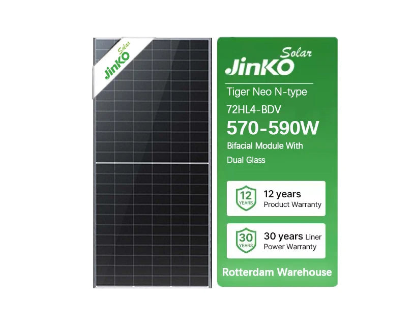 Jinko Solar US Inventory Hot Selling Price N Type A Grade Jinko 575w 580w 585w 590w Bifacial Dual Glass Pv Modules Solar Panel