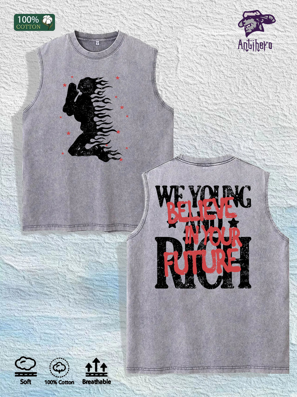 Young Rich Future Graphic Washed Vest US Warehouse 3 Colors Cotton Tank