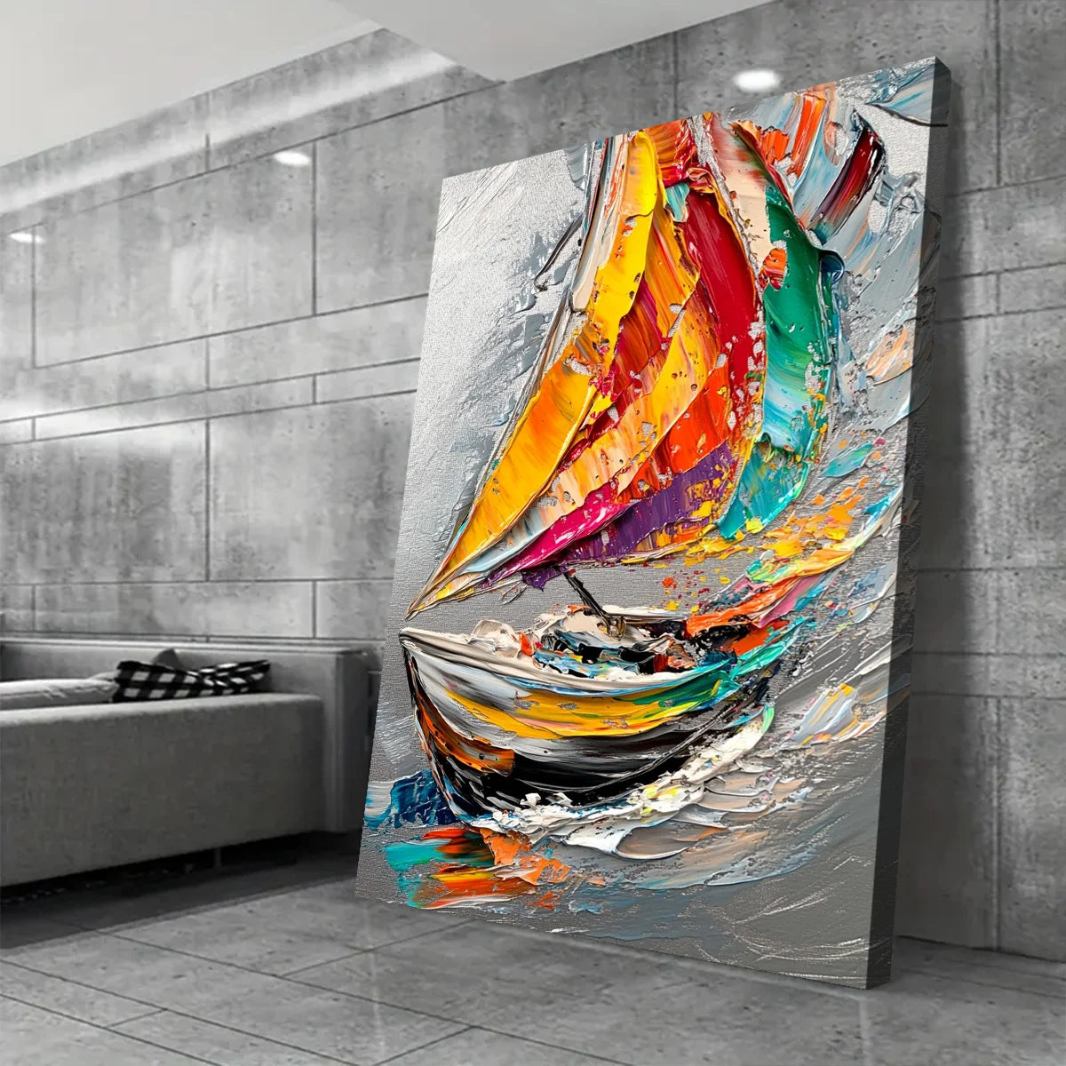Abstract Sailboat Decor: Colorful Ocean Journey Print Canvas Wall Art 1.5inch Thick Indoor Living Room and Home Decor