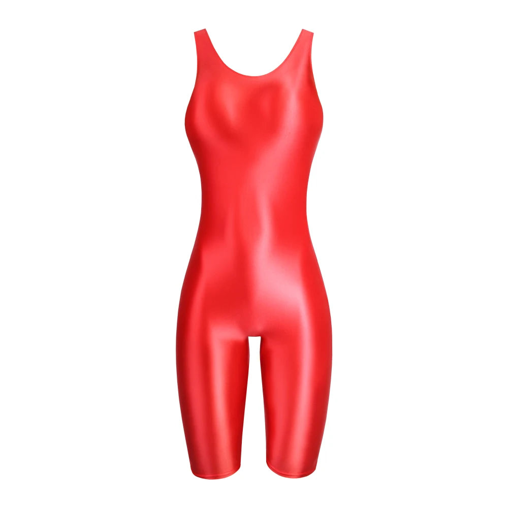 Women's Sleeveless One-Piece Swimsuit Shiny Glossy Yoga Gym Fitness Bodysuit Sexy Leotard Catsuit Jumpsuit Sport Overall MJINM