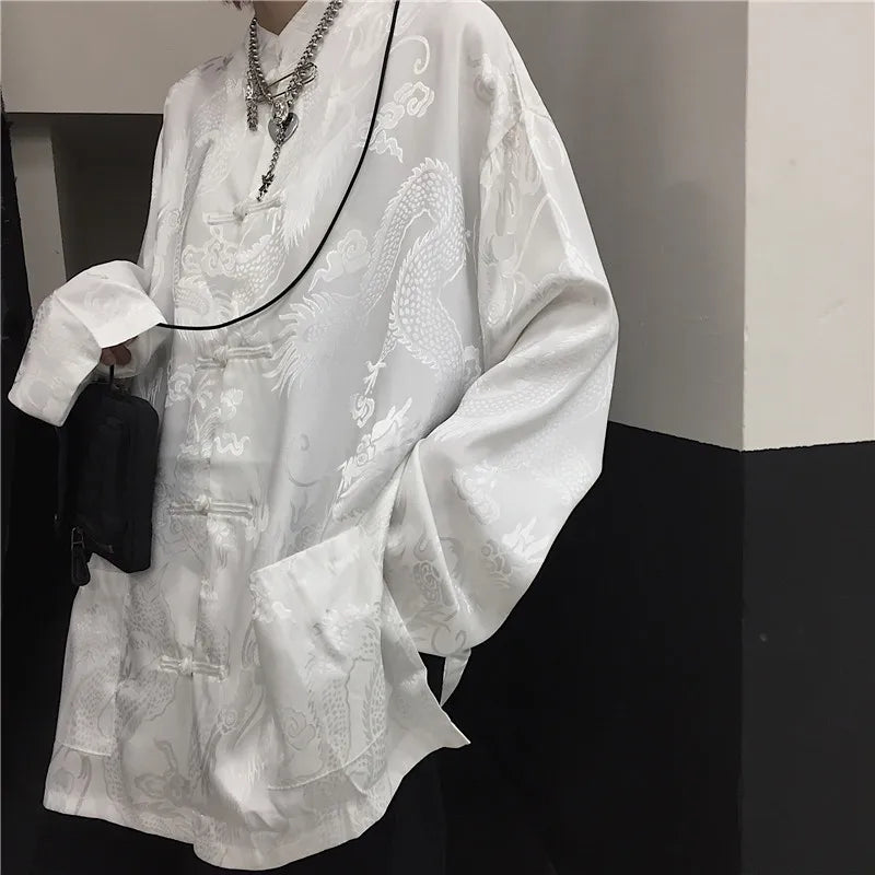 KOSAHIKI Women Man Blouse Dragon Print Harajuku Streetwear Chinese Style Stand Collar Buckle Vintage Black White Shirt Blusas