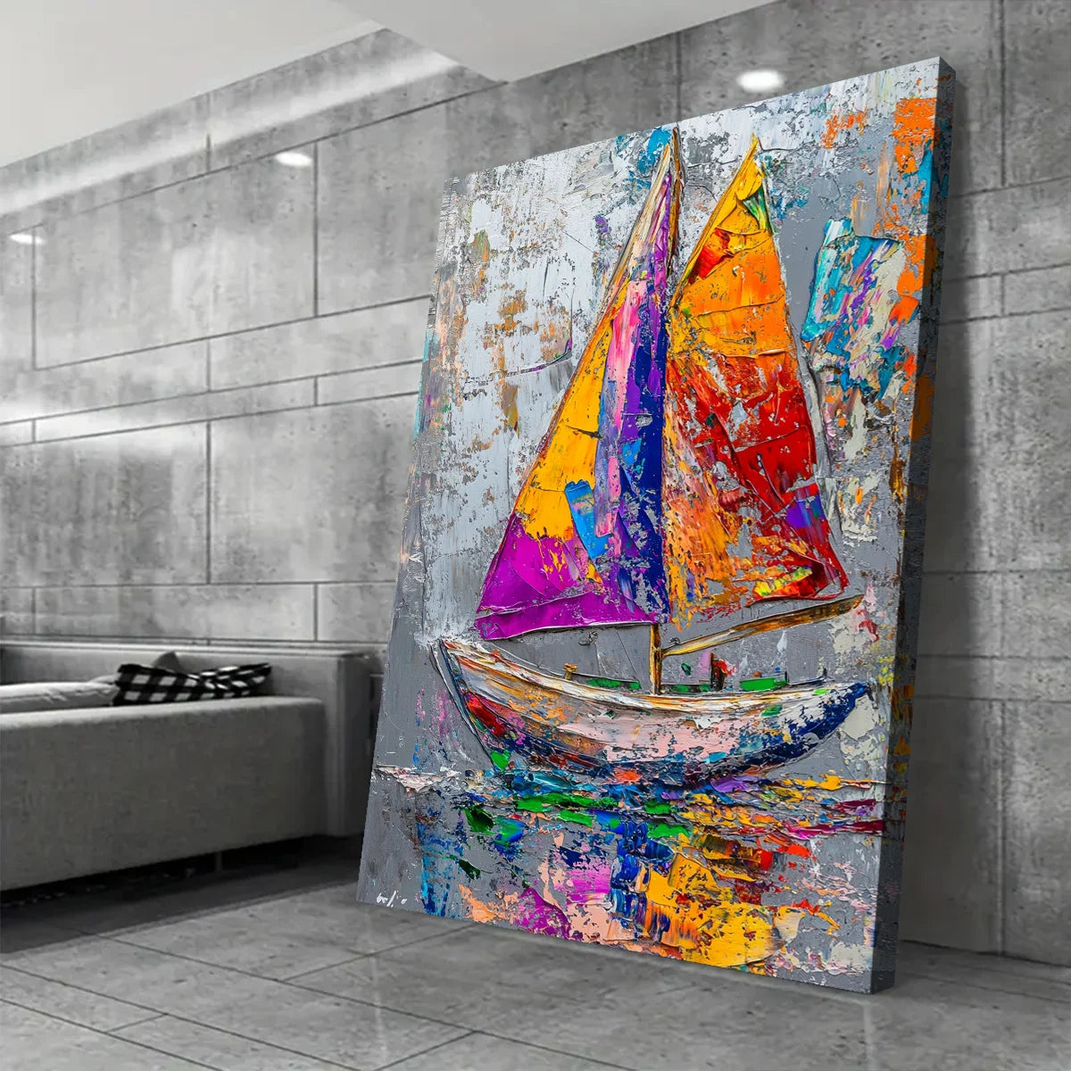 Abstract Sailboat Decor: Colorful Ocean Journey Print Canvas Wall Art 1.5inch Thick Indoor Living Room and Home Decor