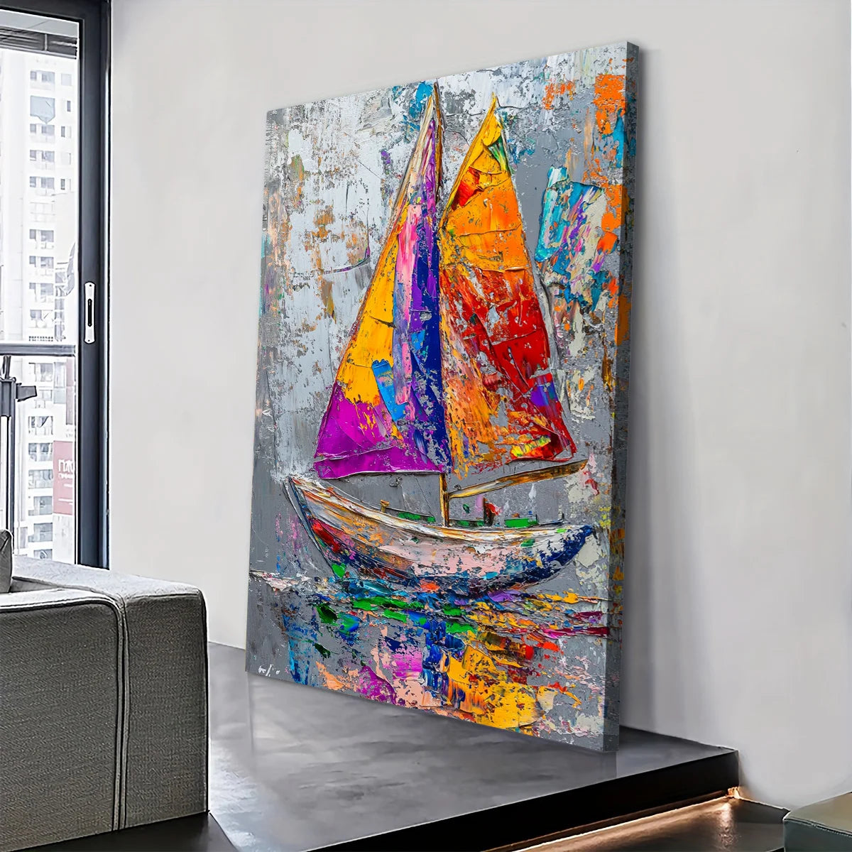 Abstract Sailboat Decor: Colorful Ocean Journey Print Canvas Wall Art 1.5inch Thick Indoor Living Room and Home Decor