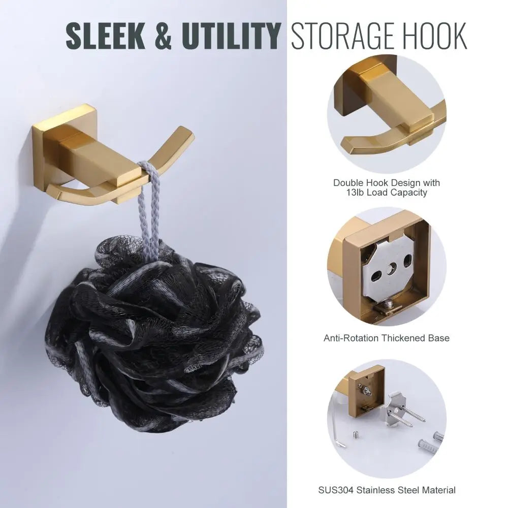 SUS 304 Stainless Steel Wall Hooks, Heavy Duty Robe Hooks 1 Pack, Modern Towel Hooks for Bathroom, Brushed Gold Towel Hooks