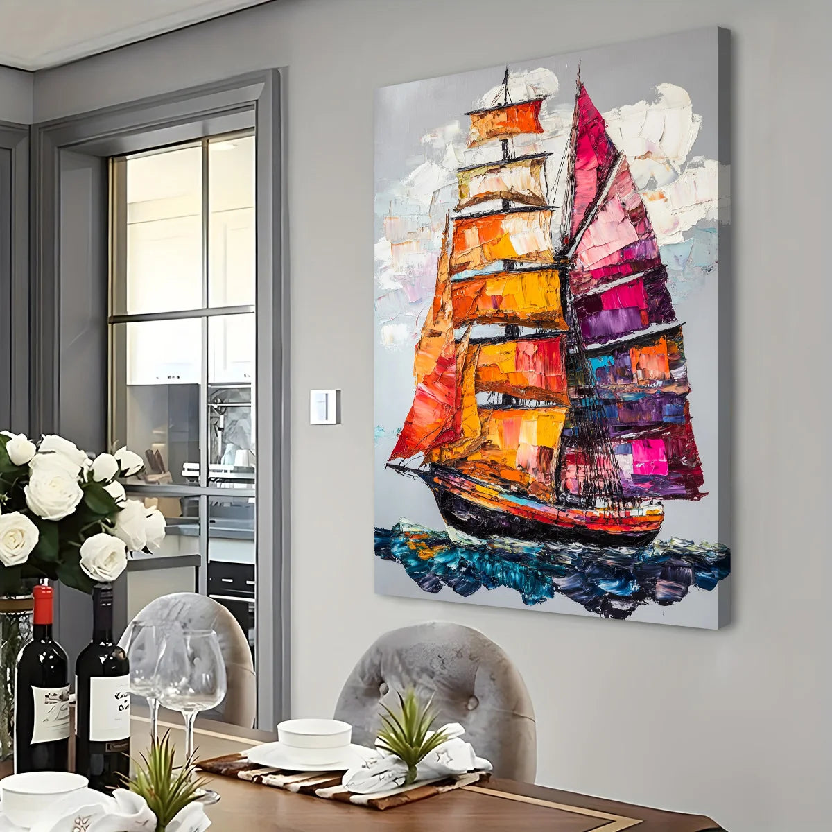 Abstract Sailboat Decor: Colorful Ocean Journey Print Canvas Wall Art 1.5inch Thick Indoor Living Room and Home Decor