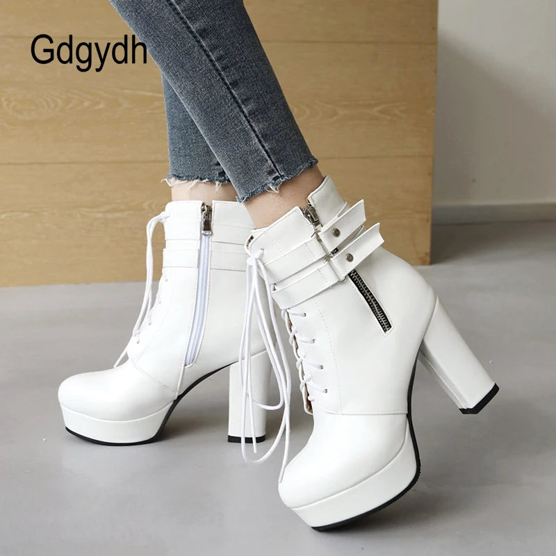 Gdgydh Black Boots Woman Vintage Buckle Casual Lady Boots High Heels Fashion Zipper Sexy Motorcycle Boots For Women Plus Size 46