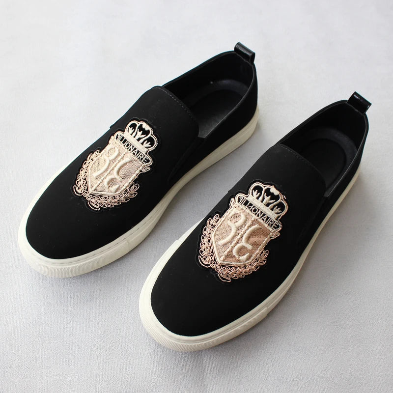 Brand New Men Casual Shoes Black Suede Leather Man Party Luxury Embroidery Flat Shoes Tide Slip-On Loafers