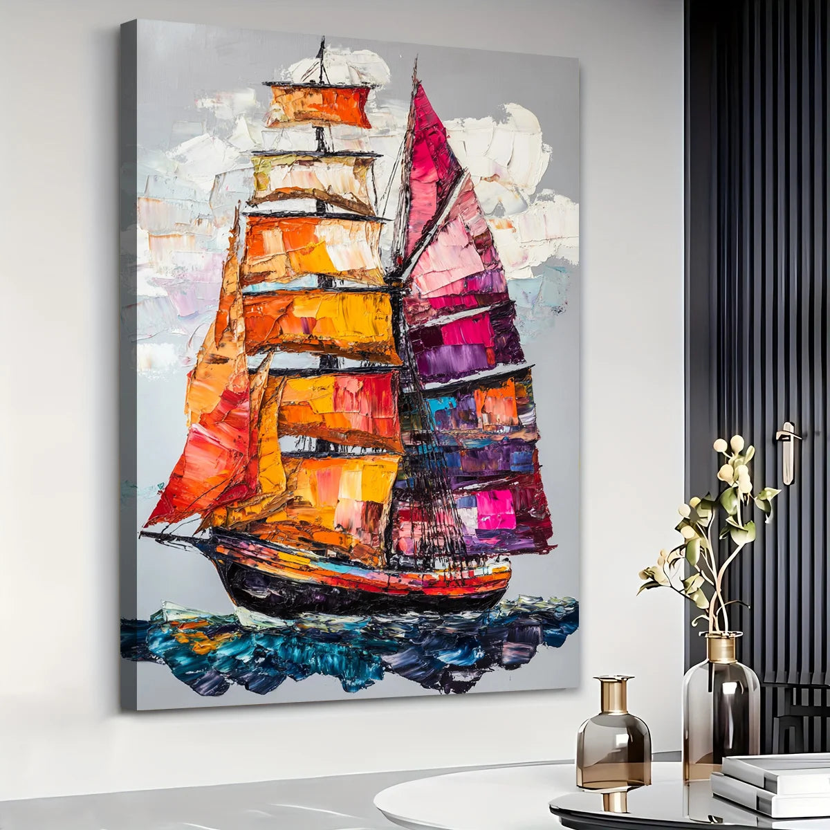 Abstract Sailboat Decor: Colorful Ocean Journey Print Canvas Wall Art 1.5inch Thick Indoor Living Room and Home Decor