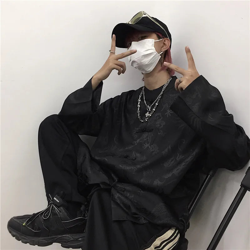 KOSAHIKI Women Man Blouse Dragon Print Harajuku Streetwear Chinese Style Stand Collar Buckle Vintage Black White Shirt Blusas