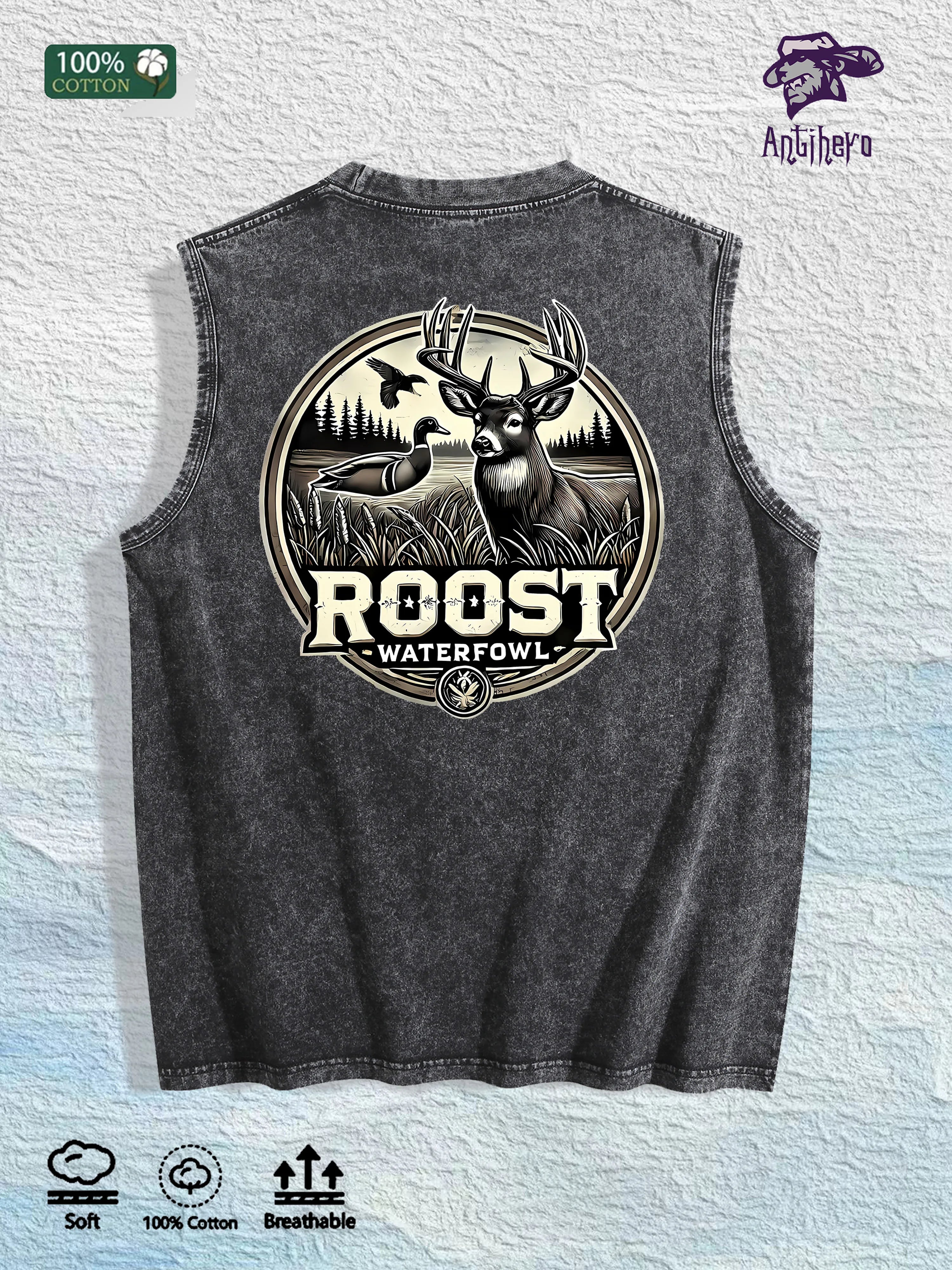 ROOST Waterfowl Deer Graphic Washed Vest US Warehouse 3 Colors Cotton Tank