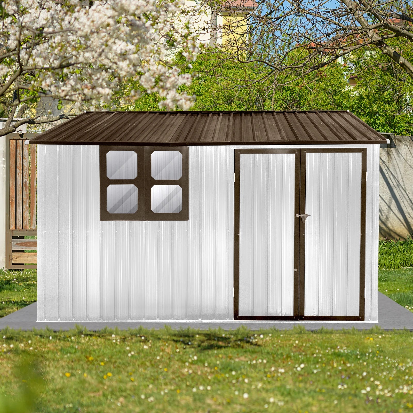 Outdoor Storage Sheds 10X8FT Apex Roof in Brown Roof+White Walls Without Foundation