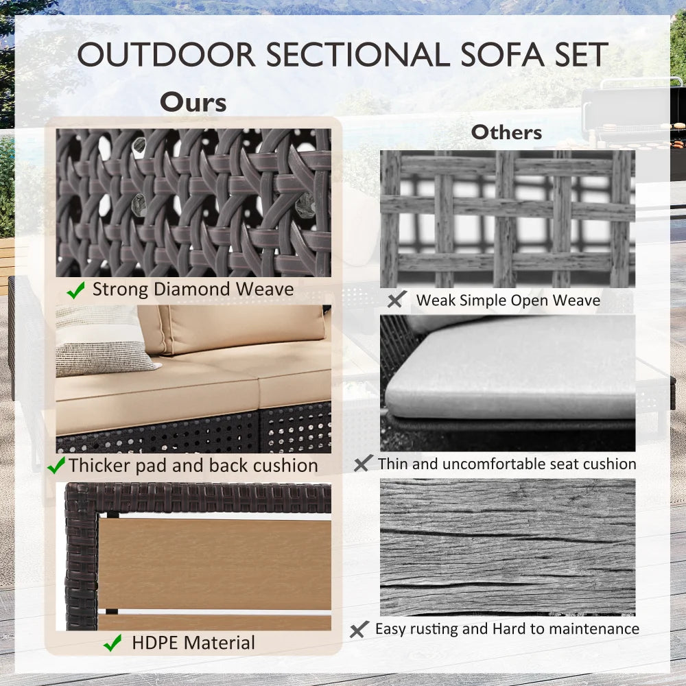 4 Pieces Diamond Weave Patio Sectional Furniture Set With Extendable Coffee Table with Ice Bucket for Backyard in Khaki+Brown