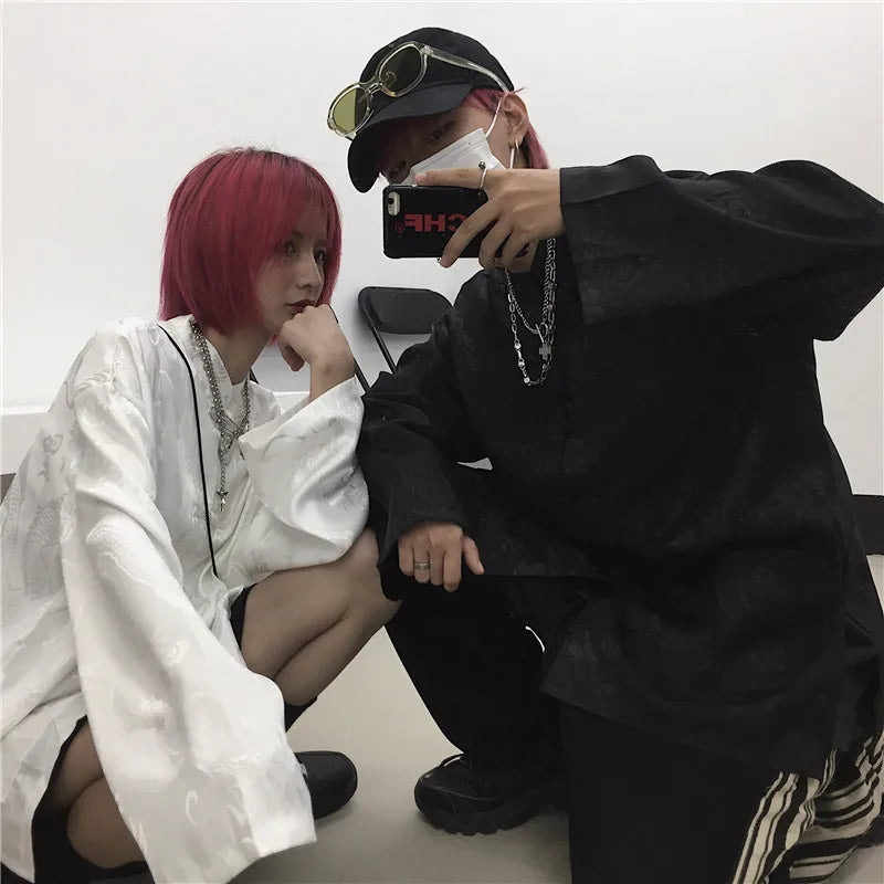 KOSAHIKI Women Man Blouse Dragon Print Harajuku Streetwear Chinese Style Stand Collar Buckle Vintage Black White Shirt Blusas
