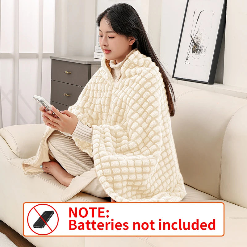 USB Cordless Electric Heated Blanket 3 Heat Settings Washable Winter Shawl Wrap Wearable Heated Blanket
