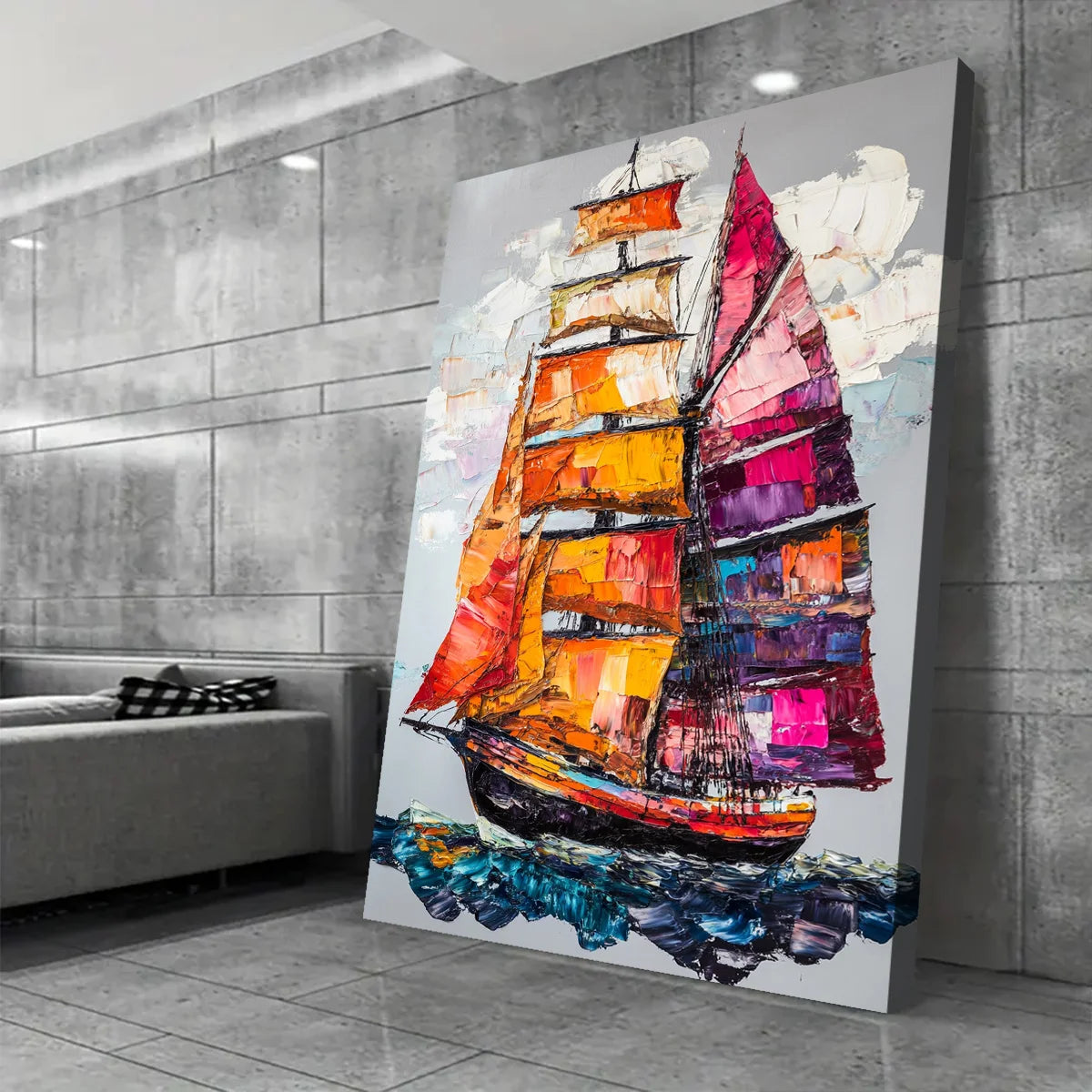 Abstract Sailboat Decor: Colorful Ocean Journey Print Canvas Wall Art 1.5inch Thick Indoor Living Room and Home Decor