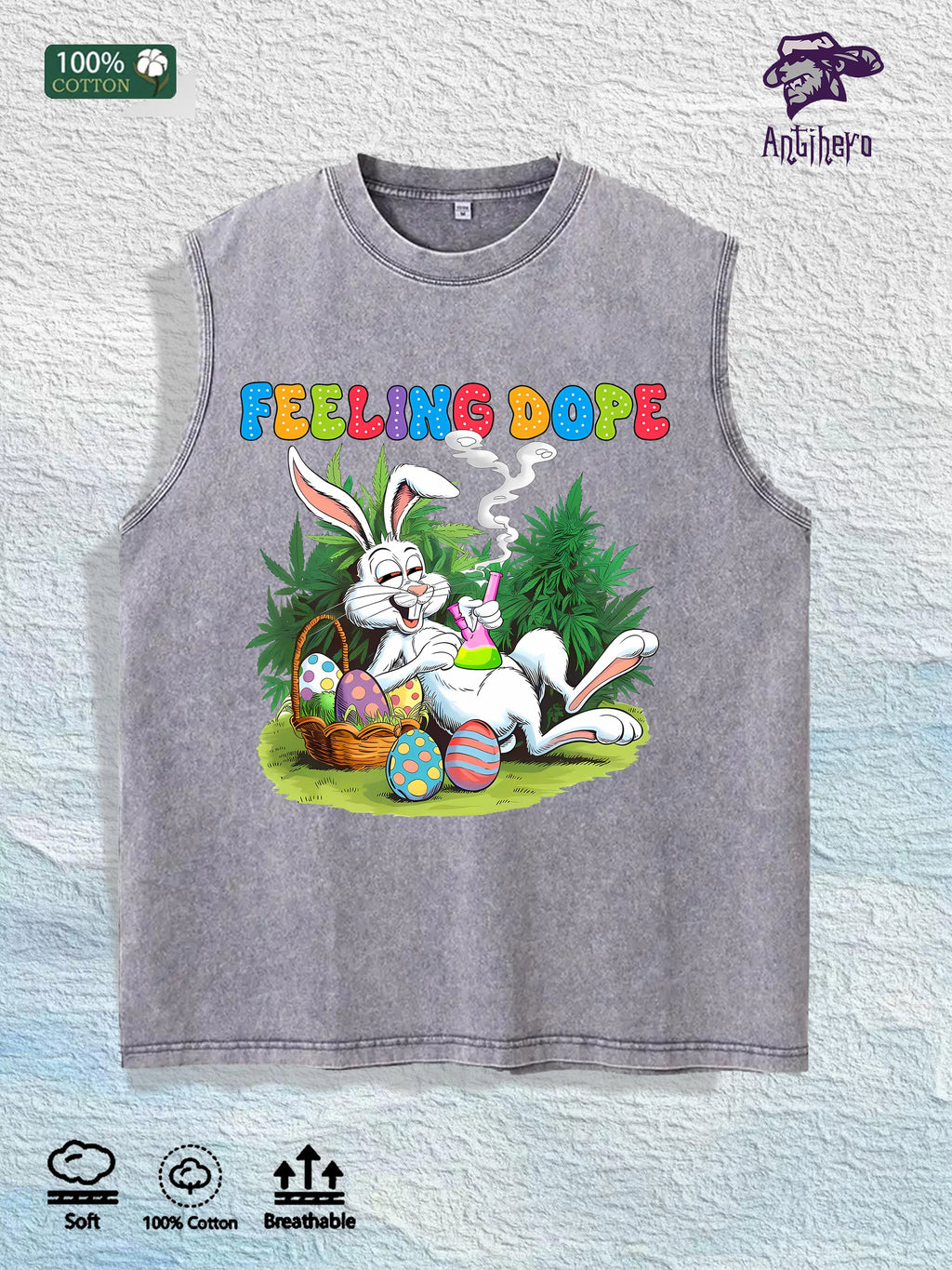 FEELING DOPE Bunny Graphic Washed Vest US Warehouse 3 Colors Cotton Tank