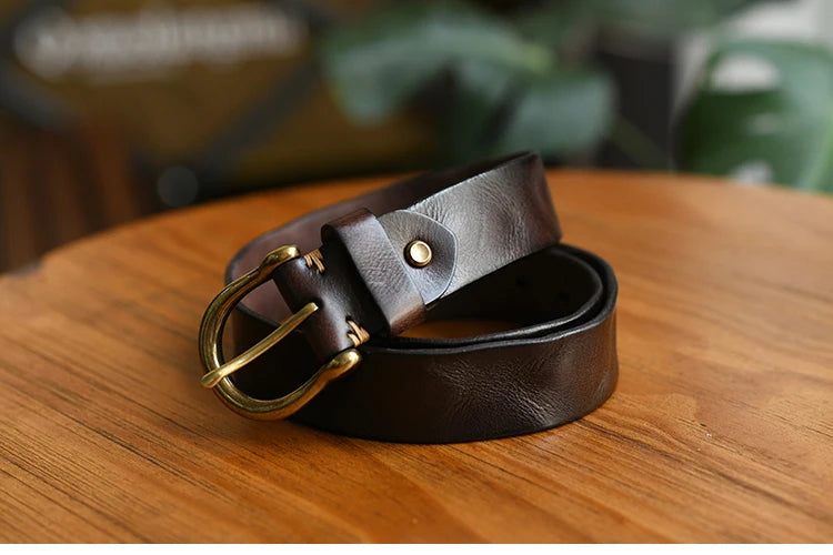 Handmade Classic Retro Style Pure Copper Horseshoe Buckle No interlayer Cowhide Men's Belt Genuine Leather Jeans Man design Belt