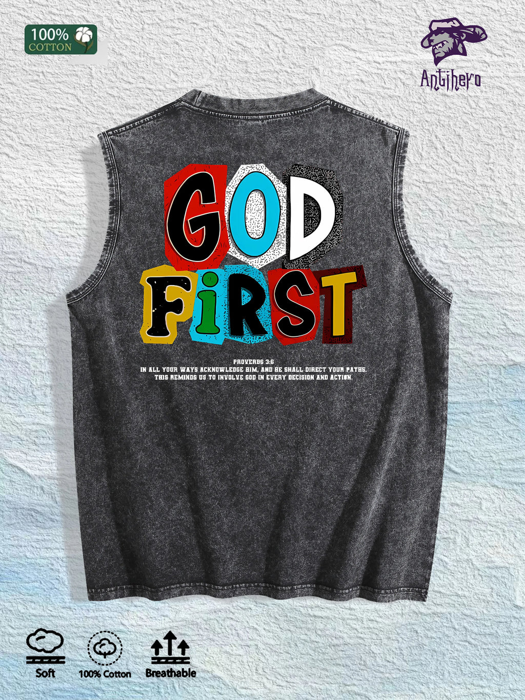 GOD FIRST Graphic Washed Vest US Warehouse 3 Colors Cotton Tank